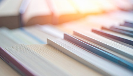 A close-up view of a row of books on a shelf, bathed in the warm, golden glow of sunlight.の素材