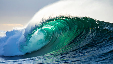Sunlight filters through the crest of a colossal ocean wave, illuminating its emerald heart just moments before it crashes down.の素材