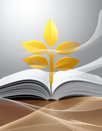 A single golden sprout emerges from the pages of an open book, symbolizing the blossoming of wisdom, new ideas, and personal growth through education and learning.の素材