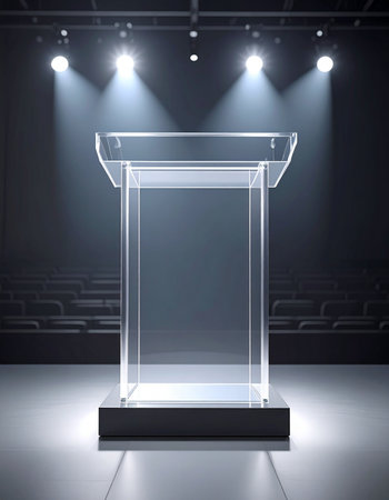 The stage is set and the spotlights are focused on a modern, transparent podium.の素材