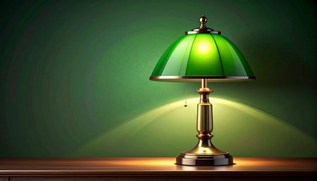 A classic green banker's lamp casts a warm, focused glow across a polished wooden desk, creating a quiet and studious atmosphere.の素材
