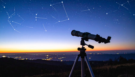 As twilight paints the horizon, a lone telescope stands ready, pointed towards the heavens.の素材