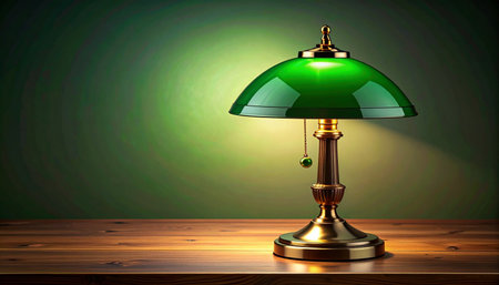 A classic green banker's lamp casts a warm, focused glow across a polished wooden desk, creating an atmosphere of quiet contemplation and studious concentration.の素材