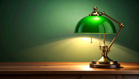 A classic green banker's lamp casts a warm, inviting glow across a polished wooden desk, creating a quiet and studious atmosphere.の素材