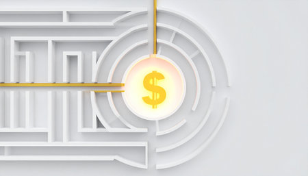A golden path cuts directly through the complexity of a white maze, leading straight to a glowing dollar sign at the center.の素材