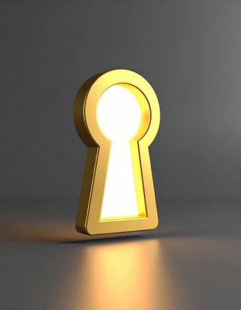 A single golden keyhole stands against a dark background, radiating a brilliant, warm light from within.の素材