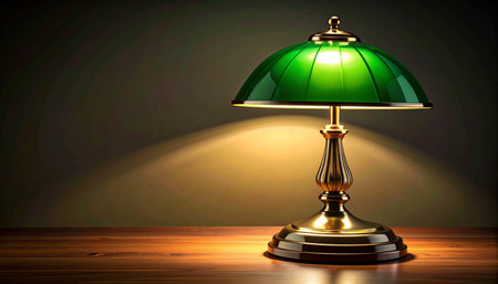 A classic green banker's lamp casts a warm, inviting glow across a polished wooden desk, creating a quiet and studious atmosphere perfect for late-night work, reading, or contemplation.の素材