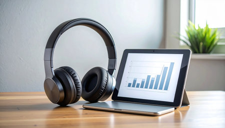 A professional analyzes the latest market trends and business growth, listening to an in-depth financial report on wireless headphones.の素材