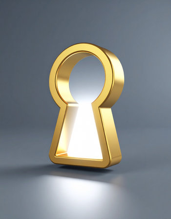 A brilliant light emanates from within a golden keyhole, representing a gateway to new opportunities, hidden knowledge, or a bright future.の素材