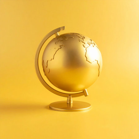 A gleaming golden globe stands against a vibrant yellow background, symbolizing global opportunity, international business success, and a world of luxurious possibilities.の素材