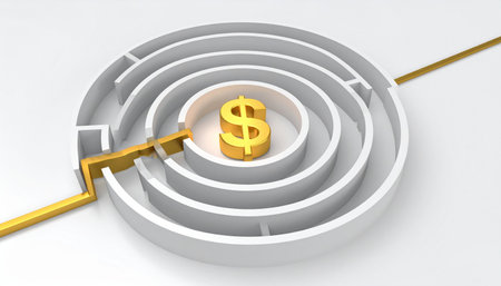 A golden arrow charts a direct course through a complex white maze, successfully reaching the gleaming dollar sign at its center.の素材
