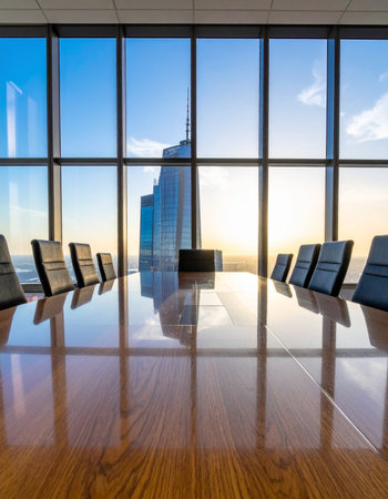 An empty executive boardroom awaits a pivotal meeting.の素材