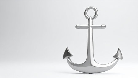 A single, polished silver anchor stands firm against a clean white background.の素材