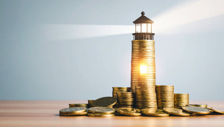 A lighthouse constructed from stacks of gold coins shines a bright beam of light, symbolizing financial guidance, investment strategy, and a beacon of hope in a volatile economy.の素材