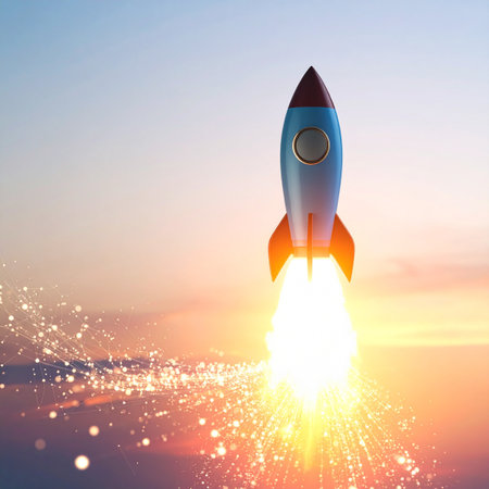 A powerful rocket blasts off into the glowing sky at dawn, leaving a trail of brilliant sparks.の素材