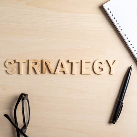 Top-down view of a workspace where a new business strategy is being formulated.の素材