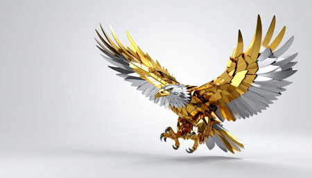 A stunning 3D rendering of a majestic eagle, crafted from gleaming gold and silver facets.の素材