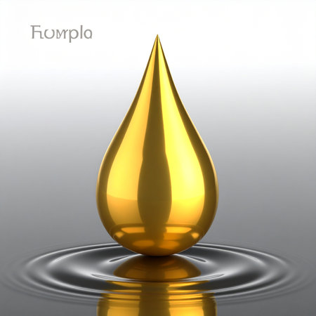 A single, perfect drop of pure gold makes contact with a calm, metallic surface, sending out gentle, concentric ripples.の素材