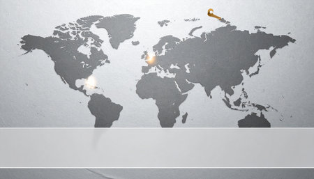 A sleek, monochromatic world map displays glowing hotspots, symbolizing a network of global connections.の素材