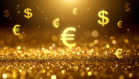 Glowing Euro and Dollar symbols rise from a sea of golden glitter, symbolizing global financial success, lucrative investment opportunities, and the magic of wealth creation.の素材