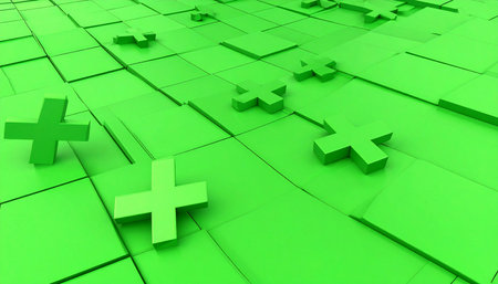 A dynamic 3D landscape where positive symbols emerge from a structured green grid.の素材