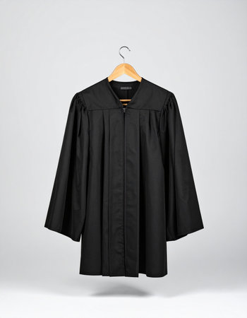 A classic black graduation gown hangs in anticipation against a clean studio background.の素材