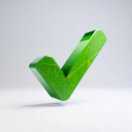 A bold, green checkmark floats in a clean, white space, symbolizing a definitive moment of success, approval, or completion.の素材