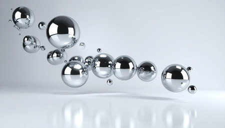 A dynamic cluster of polished chrome spheres hovers and floats in a pristine, white space.の素材