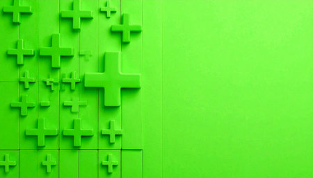 A vibrant green background featuring a pattern of plus signs, with one prominent symbol standing out.の素材