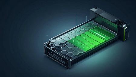 A glimpse into the future of power, this advanced battery showcases a revolutionary design with glowing green cells.の素材