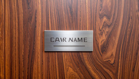 A sleek, brushed metal nameplate is elegantly mounted on a rich, dark wood wall.の素材