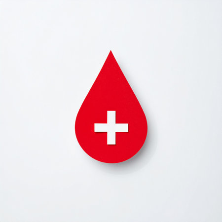 A single drop of blood, marked with a positive symbol, represents the life-saving gift of donation.の素材