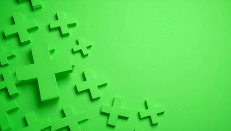A vibrant green background featuring a cascade of plus symbols, representing concepts of growth, addition, and positivity.の素材