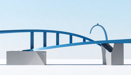 A minimalist 3D rendering shows a blue bridge with a broken section, creating a significant gap.の素材