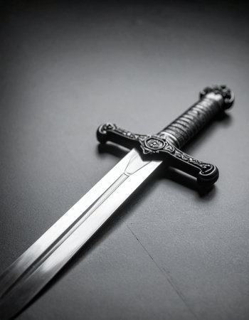 A legendary medieval sword rests in dramatic shadow, its polished steel blade and ornate hilt hinting at epic battles and a noble heritage.の素材