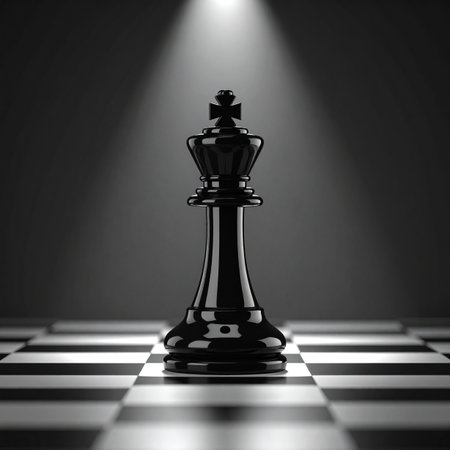 A lone black chess king stands illuminated under a single spotlight, symbolizing strategic focus, powerful leadership, and the critical decisions that lead to victory.の素材