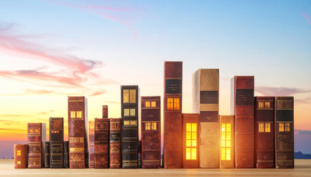 A city built from knowledge and stories stands against a serene sunset. Each book is a building with glowing windows, representing a world of imagination and learning.の素材