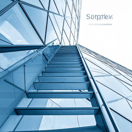 A low-angle view captures the ascent up a modern staircase, flanked by the geometric glass facade of a contemporary skyscraper.の素材