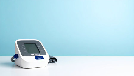 A modern digital blood pressure monitor sits ready for use on a clean white surface against a calming blue background.の素材