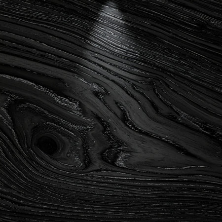 A dramatic close-up of a black wood surface, where deep grains and a natural knot create a sophisticated and textured background.の素材