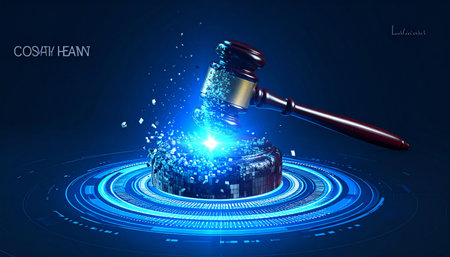 A judge's gavel strikes with immense force, shattering a digital block into a brilliant explosion of light and data.の素材