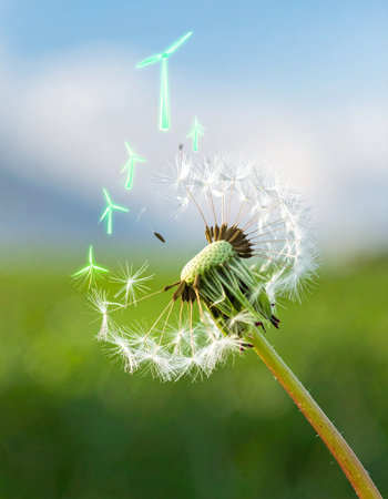 A single dandelion releases its seeds into the breeze, each one transforming into a glowing green wind turbine.の素材