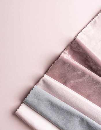A curated selection of luxurious velvet fabric swatches in a soft, harmonious pastel palette.の素材