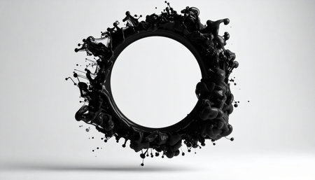 A dynamic explosion of black ink freezes in time, forming a perfect circular frame against a stark white background.の素材