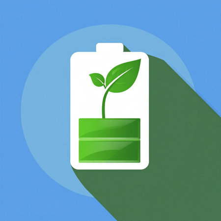 A visual representation of sustainable power, where a vibrant green sprout emerges from a charging battery.の素材