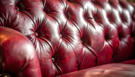 A close-up view reveals the rich texture and deep red tones of a classic Chesterfield sofa.の素材
