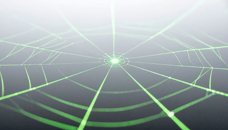 Journey into the heart of a vast digital network, where glowing green pathways of data converge at a central point.の素材