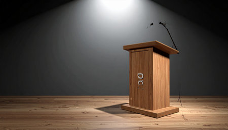 A single spotlight illuminates a solitary wooden podium on an empty stage, creating a dramatic sense of anticipation.の素材