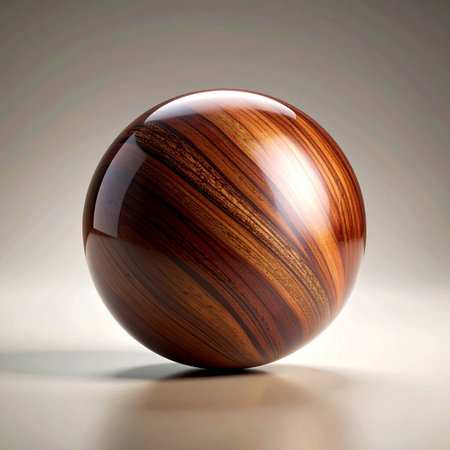A perfectly crafted wooden sphere rests on a smooth surface, its polished finish catching the light.の素材