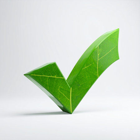 A checkmark symbol meticulously folded from a vibrant green leaf, isolated on a clean white background.の素材